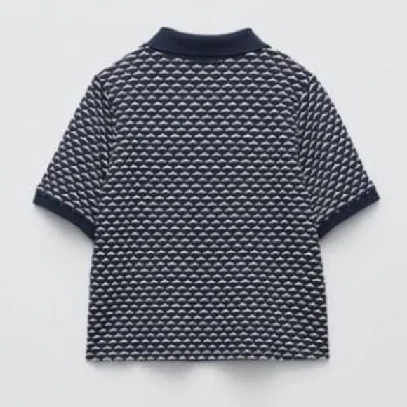 NWT Zara Retro Jacquard Polo in Navy Sz M - Picture 2 of 3
